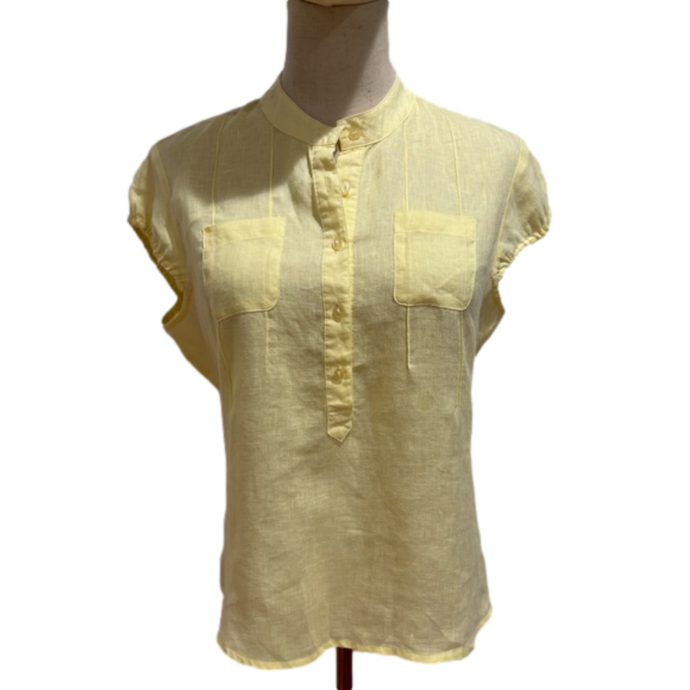 90s ALEXANDRA BARTLETT LINEN PASTEL YELLOW BOHO PUFFED SHORT SLEEVED BLOUSE SZ M - Picture 2 of 9